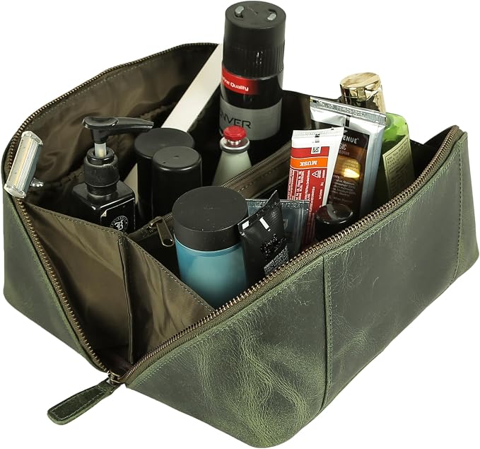 KomalC Luxury Leather Men’s Toiletry Travel Bag – Handmade Shaving Kit with Waterproof Interior, Spacious Storage & Carry Handle – leather travel Kit Bag for Men & Women (Green) - Image 4