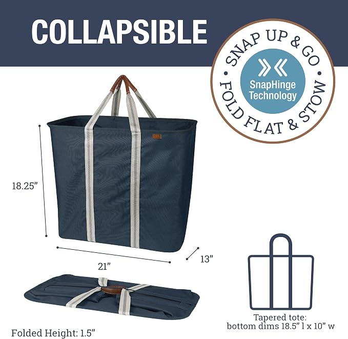 CleverMade LUXE Collapsible Laundry Caddy, 64L, 2 Pack, Navy Noir | Refined fabric and vegan leather details suit open rooms. The structured frame carries 2 loads and folds flat for storage. - Image 2