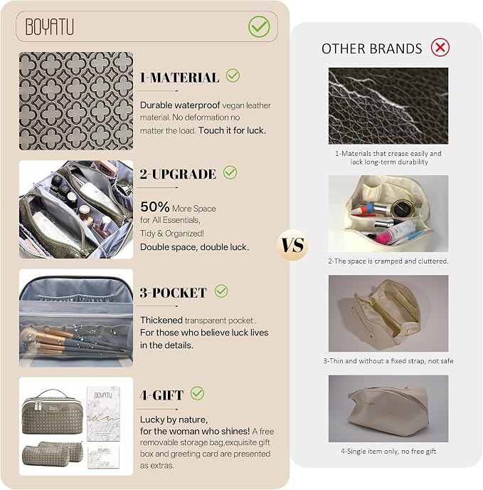 BOYATU Travel Makeup Bag for Women: Four Leaf Clover Large Capacity 3 Pcs Set Cosmetic Bags - Waterproof 50% Extra Space for Toiletry Organizer - Travel Essentials for Fortunate (07 Khaki) - Image 2