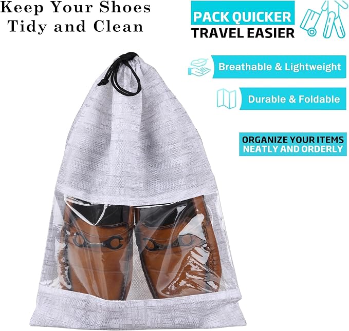 Kuber Industries Shoe Bags | Shoe Bags for Travel | Drawstring Shoe Storage Bags | Storage Organizers Set | Shoe Cover with Transparent Window | Shoe Pouches | Jute-Print | Pack of 8 | Gray - Image 2