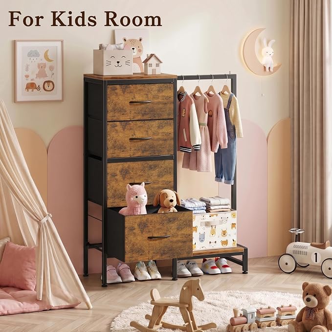 HIGDBFE Tall Dresser 44''H with Hanging Rack, 4 Drawers Small Closet Dresser for Bedroom, Reversible Fabric Chest of Drawers with Clothes Rack, Tall Storage Tower, Sturdy Frame, Rustic Brown - Image 7