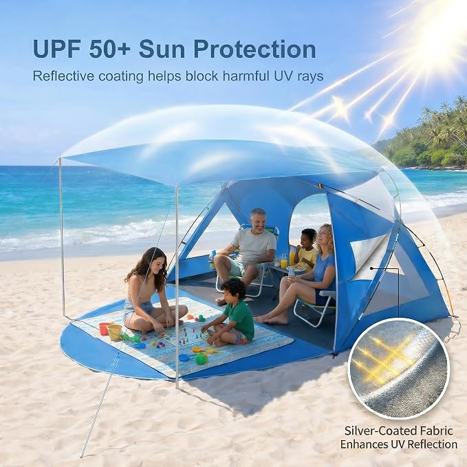 Beach Tent, Portable Sun Shelter for 2/3/4/6-8 Person with UPF 50+ UV Protection, Easy Setup Waterproof Beach Shade Canopy Cabana for Family Outdoor and Picnics, Fishing with Carrying Bag - Image 2