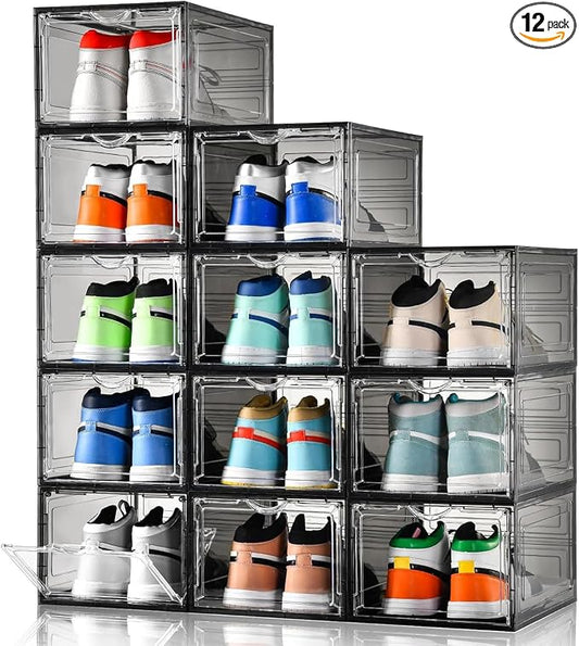 Clemate Upgraded X-Large Shoe Storage Box,12 Pack,Shoe Box Clear Plastic Stackable,Drop Front Shoe Box with Clear Door,Shoe Organizer Containers For Sneaker Display,Fit up to US Size12, Ashy by Clemate