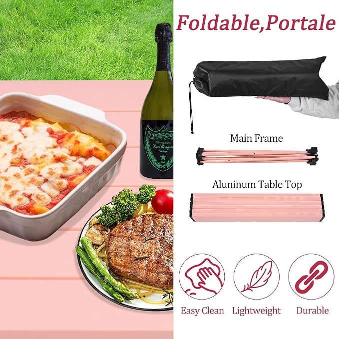 Grope Portable Camping Table with Aluminum Table Top, Folding Beach Table Easy to Carry, Prefect for Outdoor, Picnic, BBQ, Cooking, Festival, Beach, Home (Pink-M) - Image 4