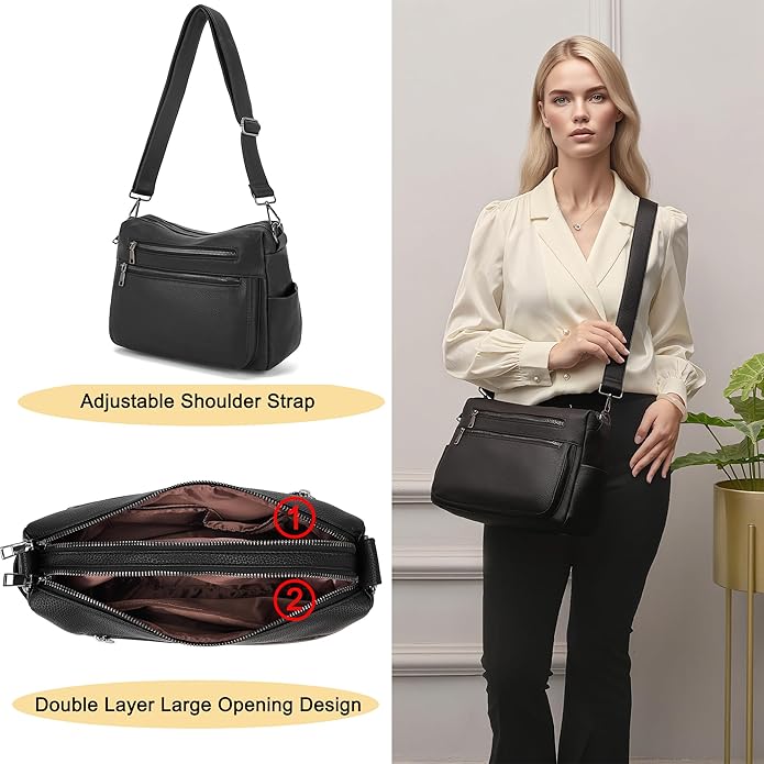 YZAOLL Large Crossbody Shoulder Bag for Women Vegan Leather Tote with Adjustable Wide Strap Work Purse with 10 Pockets