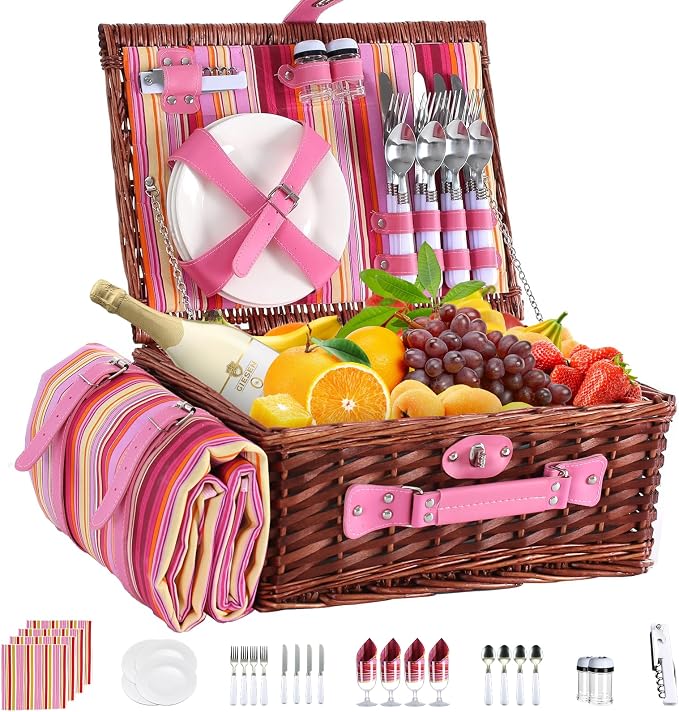 Picnic Basket Set for 4 with Waterproof Blanket Mat Insulation Bag Wicker Pink Stripe Classic Fresh Gift for Christmas Thanksgiving Wedding Birthday Camp Outdoor Beach Travel by YPshuye