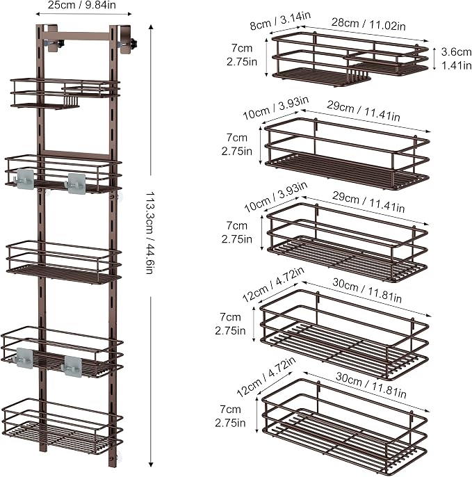 Orimade Over the Door Shower Caddy Adjustable 5 Tier Bronze,Bathroom Hanging Organizer Shelf Rustproof with 4 Hooks,Shower Basket with Soap Holder and Suction Cup - Image 8