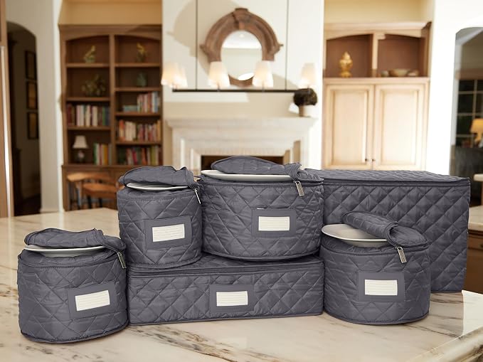 Covermates Keepsakes Dish Storage Set – Padded China & Dinnerware Storage Cases with Dividers, Cup & Stemware Storage, Quilted Polyester Protection, ID Window, Slate - Image 4