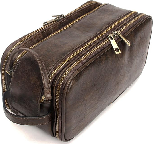 Leather Toiletry Bag for Men Personalized Dopp Kit for Travel Waterproof Shaving Bag Coffee by ROCKCOW