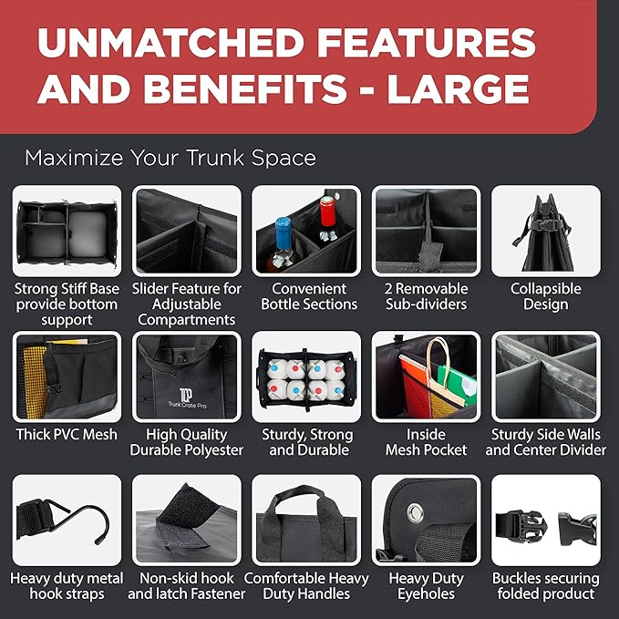 Car Trunk Organizer for SUV & Truck Cargo Storage, Large, Black | Fits Cars, SUVs & Trucks 4 Adjustable Compartments Non-Slip Base & Straps Foldable 11 Pockets Car Accessories - Image 4