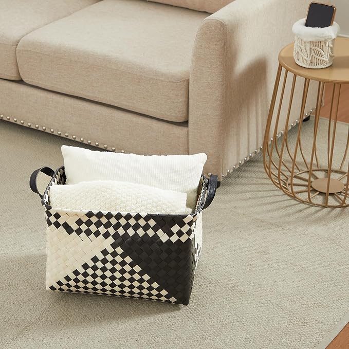 BROWNLILY Handwoven Clothes Basket Laundry Hampers Large Wicker Storage Baskets for Shelves Blankets Closet Storage Bins Car Bedroom Bathroom Organizers and Storage Bath (Pack of 4, Beige & Black) - Image 7