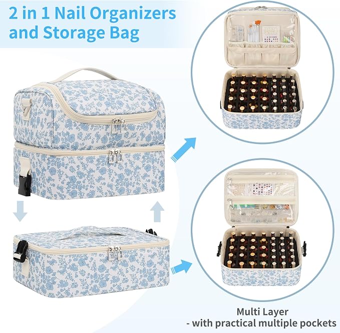 Extra Large Nail Polish Organizer - Three Layer Nail Organizers And Storage Bag, Portable Nail Supplies Organizer Case, Nail Tech Kit Travel Carrying Box with Shoulder Strap (Floral Blue, 86 Slots) - Image 5