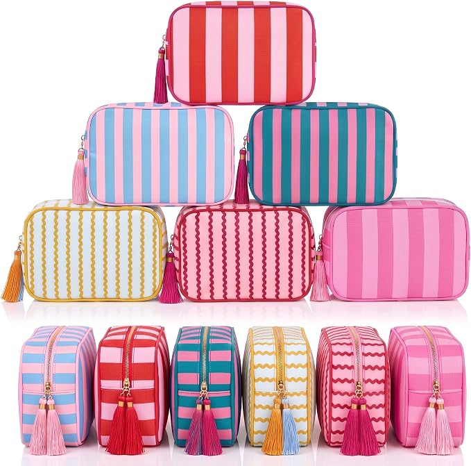 Kacctyen 6 Pack Mixed Color Striped Makeup Bag bulk with Tassel Travel Cosmetic Pouch Organizer Large Zipper Toiletry Case for Women Aesthetic Storage Pouch Mahjong Tile Bag by Kacctyen
