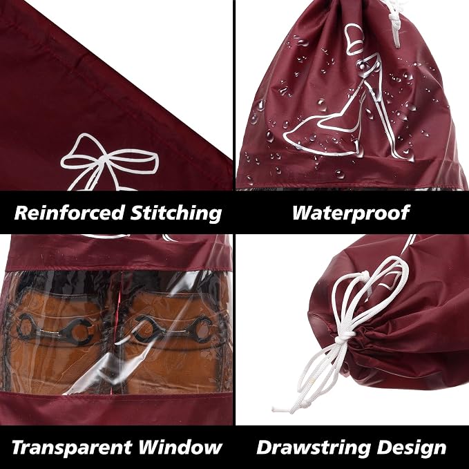 Kuber Industries Shoe Cover | Travel Shoe Storage Bags | Polyester Storage Bags | Drawstring Shoe Cover | Clear Transparent Shoe Storage Organizer | Pack of 12 | Maroon - Image 4