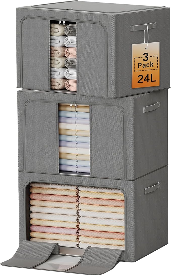 Clothes Storage Bins with Metal Frame, Foldable Clothes Organizers Storage Containers for Clothes, Sheets, Blankets, Pillows and Towels (24L, 3 Pack, Deep Grey) by LeArex