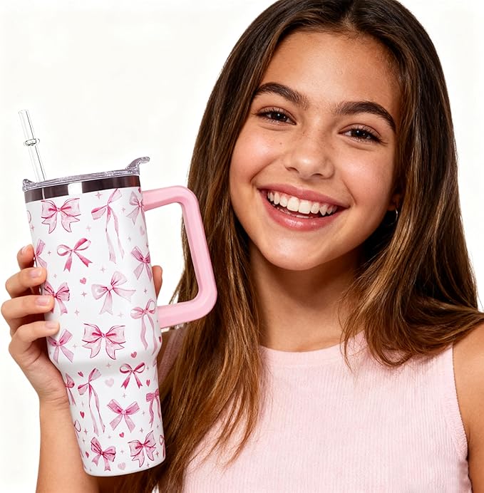 30 Oz Pink Bow Tumbler With Handle, Blue Bow Decor Coffee Travel Mug Cup Water Bottle, Gifts for Women Girls