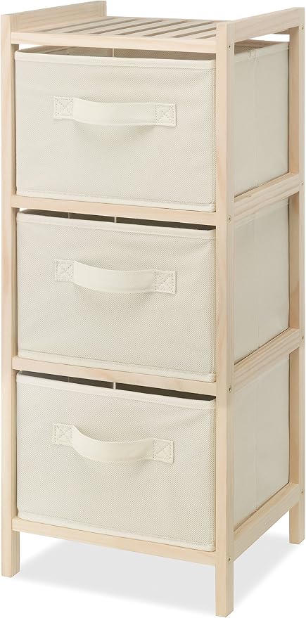 Whitmor 3 Drawer Wood Chest Organizer, Natural Pine Storage with Pull Out Fabric Bins, Easy Assembly, Compact Design for Bedroom Closet Nursery, 11.0"L x 10.0"W x 25.5"H by Whitmor