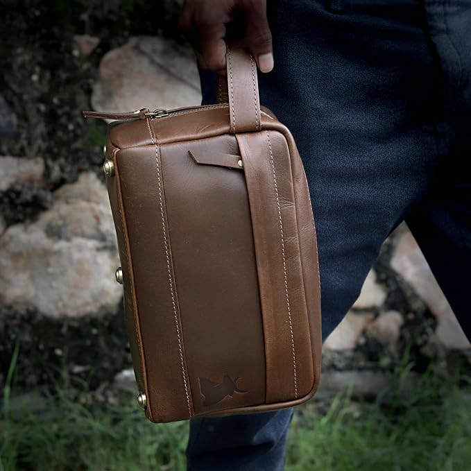 Leather Farm Premium Buffalo Leather Toiletry Bag for Men & Women - Dopp Kit With Water Resistant Lining, Shaving Pouch, Unisex Wash Bag For Toiletries, Gifts For Men and Women - Dark Brown - Image 3