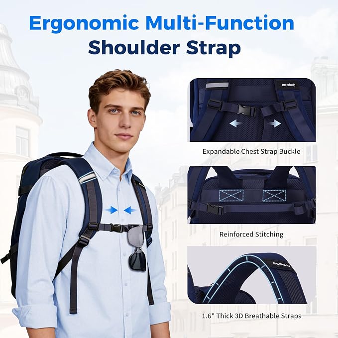 ECOHUB 19" Travel Backpack for Men Women 30L Large Carry-On Backpack with 17.3 In Laptop Compartment,Blue - Image 5