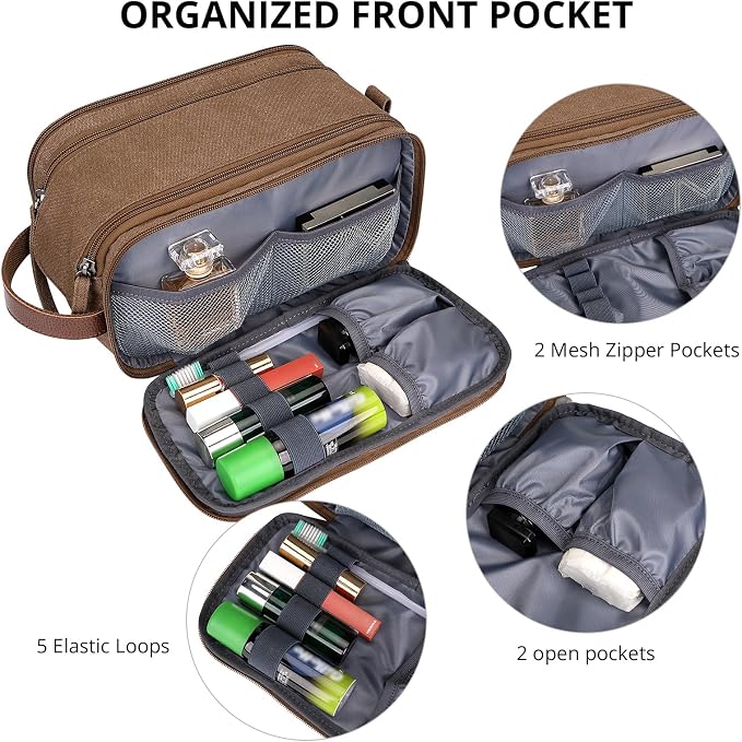 WITZMAN Canvas Toiletry Bag for Men Travel Toiletries Large 7L Dopp Kit | Multi-pockets with Dry-wet Pocket, Side Handle for Hanging, Lightweight, For Daily Use, Bathroom, Make up, A8002 Brown - Image 5