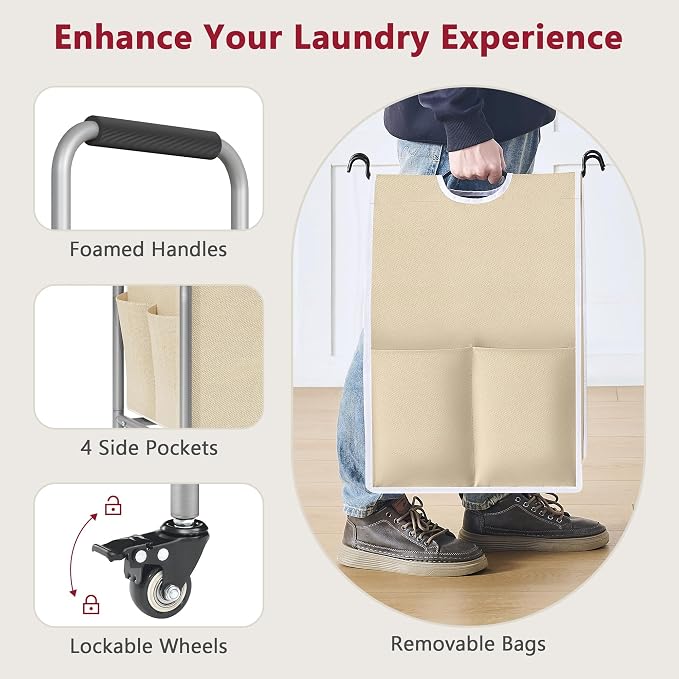 Tajsoon Laundry Sorter 5 Section, Clothes Hamper with Wheels, Beige | 246L Rolling Laundry Sorter Basket for Dirty Clothes Storage, Laundry Separator Hamper for Bathroom, Laundry Room, Family - Image 5