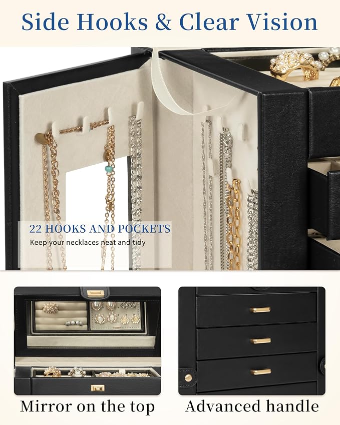 AKOZLIN 6-Tier Jewelry Box Organizer Functional 5 Drawers Leather Jewelry Storage Case for Women Girls Ring Necklace Earring Bracelet Holder Organizer with Mirror XL Black 360° Rotating - Image 7