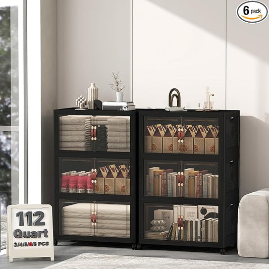 UAMFURI 672QT Lockable Plastic Storage Bins,6 Pack Collapsible Cabinets | Stackable Organizer with Doors & Wheels, Foldable Containers for Bedroom, Dorm, Office & Garage Storage by UAMFURIDirect