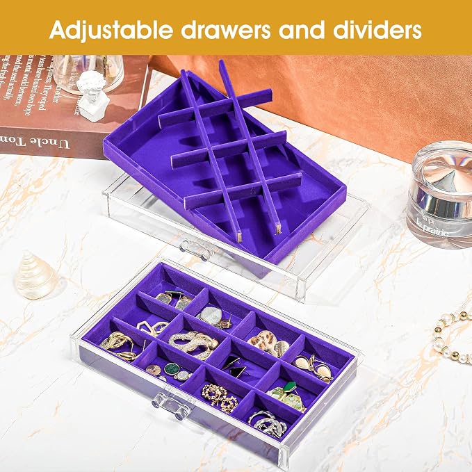 ProCase Earring Holder Organizer Jewelry Box with 5 Drawers, Acrylic Clear Earring Case with Adjustable Velvet Trays for Women - Purple, 5 Layers - Image 2