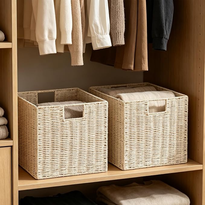 Vagusicc Wicker Storage Basket, Set of 2 Hand-Woven Paper Rope Wicker Baskets, Foldable Cube Storage Bins, Beige Storage Basket, Square Baskets for Organizing Shelves & Decor, Beige(13″×13″×13″) - Image 5