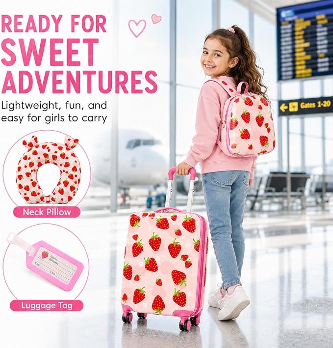 Sanwuta 4 Pcs Kids Luggage Set Back to School Gifts for Girls Boys Carry On Rolling Suitcase Backpack Neck Pillow Travel Set(17 Inch,Strawberry Style,Light Pink) - Image 5
