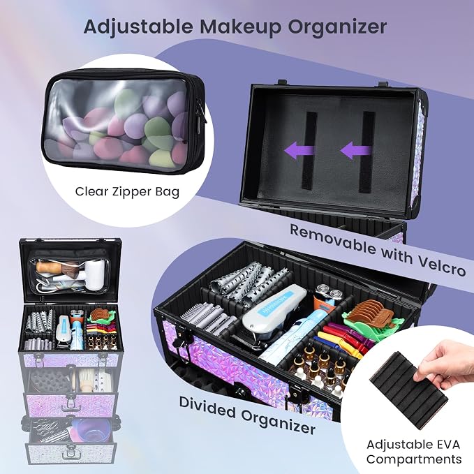 Professional Rolling Makeup Train Case with Drawers, Large Cosmetic Trolley with Locks, Cosmetics Storage Organizer Make up Case for Travel Makeup/Nail Art/Hair Styling, Shiny Pink - Image 3