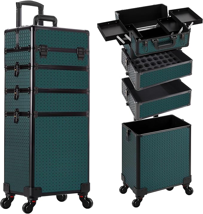 AROUS Rolling Makeup Train Case 4 in 1 Cosmetology Case on Wheels Large Storage Cosmetic Trolley with Key Salon Barber Traveling Cart Trunk, Green by Unknown