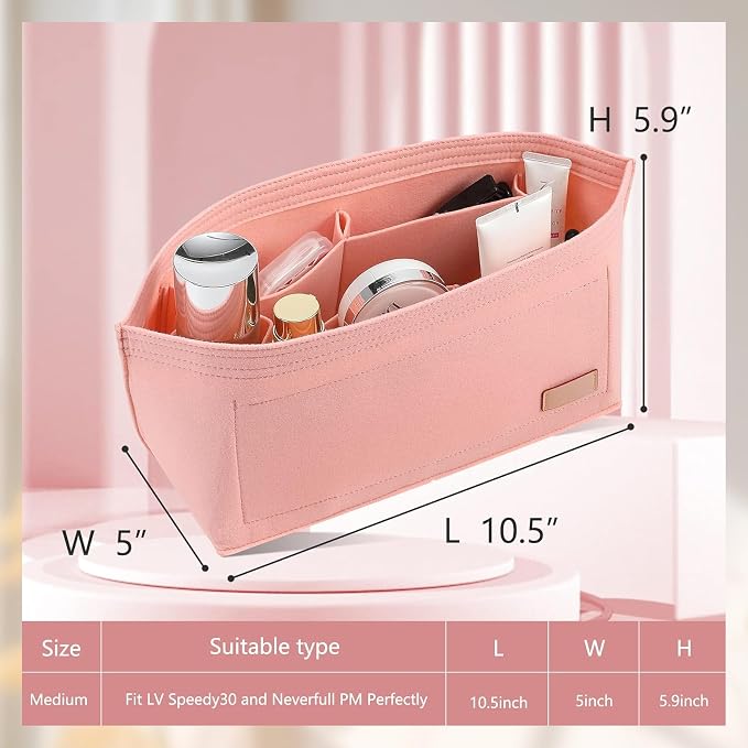 Purse Organizer Insert with Base Shaper Compatible with Neverfull PM and More, Bag Organizer for Luxury Tote Handbags, Pink, M - Image 2
