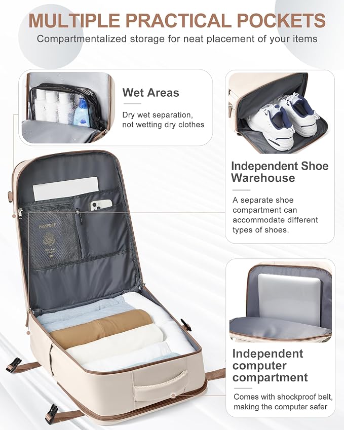 coowoz Travel Backpack Carry On for Women Man Gym Backpacks with Laptop Compartment Mochila de Viaje Teacher Personal Item Backpack Rucksack Airplane Accessories Must Haves Beige Brown - Image 4