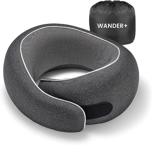 WANDER PLUS® Travel Neck Pillow, Pure Memory Foam Neck Pillow for Airplanes, Comfortable Breathable Cover, 360 Degree Support Ergonomic Design Best for Sleeping Plane Train Travel Essentials Max Black
