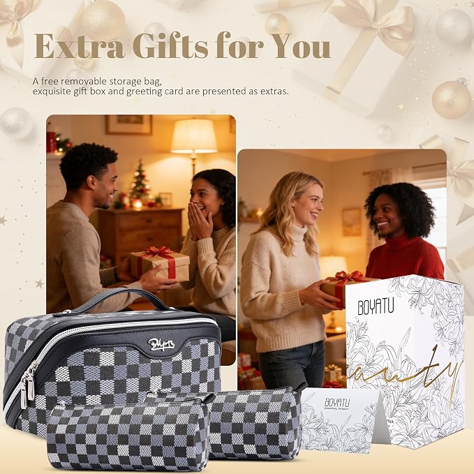 BOYATU Travel Makeup Bag Organizer Cosmetic Bag: 3 Pcs Set Make up Bags for Women with Handle - Waterproof Vegan Leather Toiletry Bag (01-H-Black) - Image 4