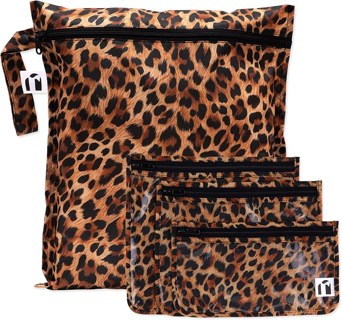 Bumkins Roamio- Waterproof Wet Bag & Clear Travel Bags - For Beach, Baby, Travel, Swim Suit, Cloth Diapers, Pump Parts, Pool, Gym, Toiletries - Reusable & Easy to Clean - Leopard - 4 Pack by Bumkins
