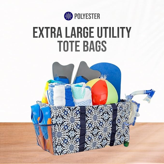 Extra Large Utility Tote Bag - Oversized Collapsible Reusable Wire Frame Rectangular Canvas Basket With Two Exterior Pockets For Beach, Pool, Laundry, Car Trunk, Storage - Blue Snowflake - Image 7