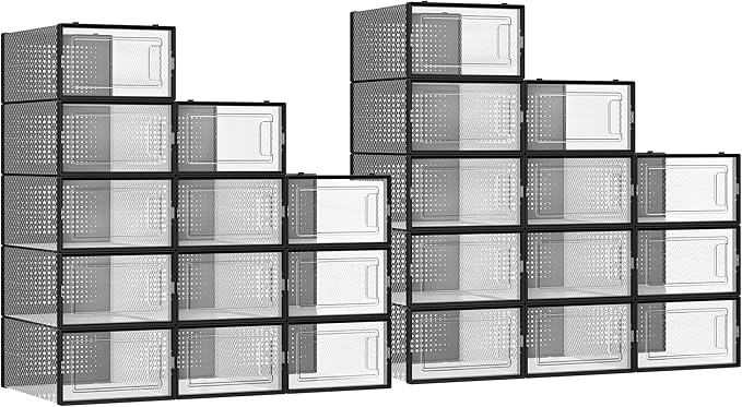 SONGMICS Shoe Boxes, Pack of 24 Shoe Storage Organizers, Stackable Clear Plastic Boxes for Closet, Sneakers, 13.1 x 9.1 x 5.6 Inches, Transparent and Black ULSP906B12 by Unknown