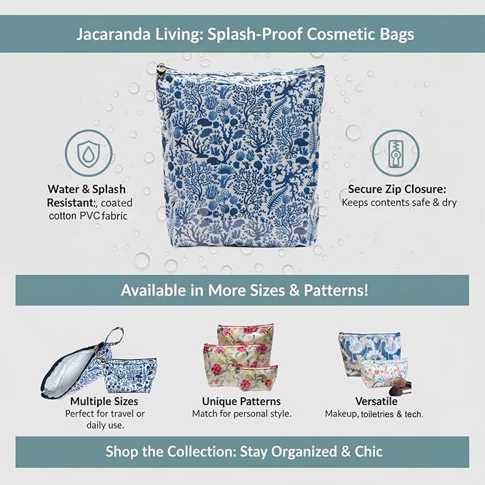 Jacaranda Living Small Cosmetic Bag - Water-Resistant, PVC-Lined, Compact & Travel Ready Make Up Bag, Easy to Clean - Blue Seashells - Image 3