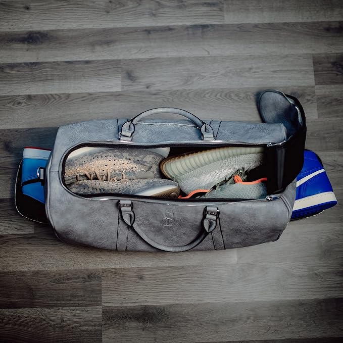 Sole Premise Leather Duffle Bag for Multi-functional Travel Carry-on with Shoe Compartments for Men & Women (Grey) - Image 2