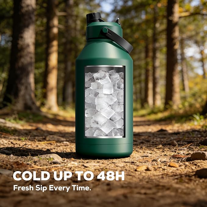 POWCAN 64 oz Insulated Water Bottle with Carrier Bag, 2-in-1 Straw & Spout Lid, Leakproof, Keep Cold 48H, BPA-Free, Stainless Steel Water Bottle with handle for Workout, Trip and Fitness (Forest) - Image 2