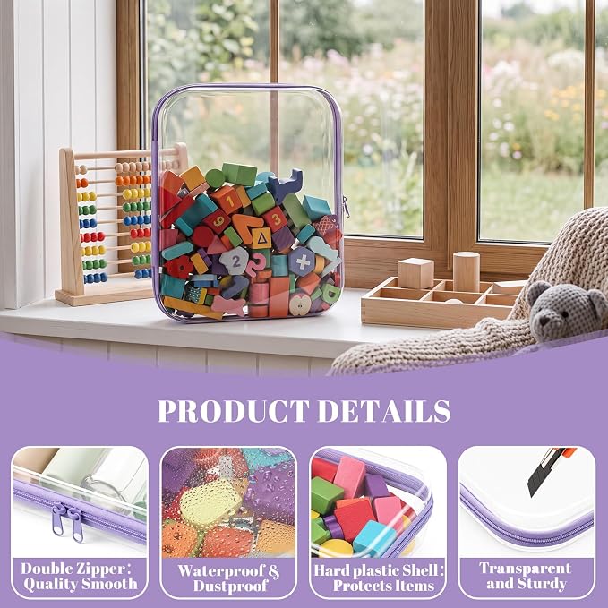 12 Pack Clear Hard Shell Zipper Case with 40 Labels, X-Large/Medium/Small Stackable Clear Pouches, Crush-resistant Travel Toiletry Bag Organizer for Makeup Board Games Electronics (Purple) - Image 5