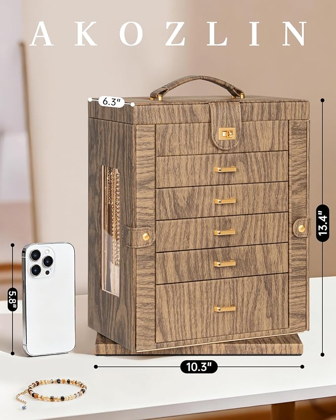 AKOZLIN 6-Tier Jewelry Box Organizer Functional 5 Drawers Leather Jewelry Storage Case for Women Girls Ring Necklace Earring Bracelet Holder Organizer with Mirror XL Wood Grain 360° Rotating - Image 2