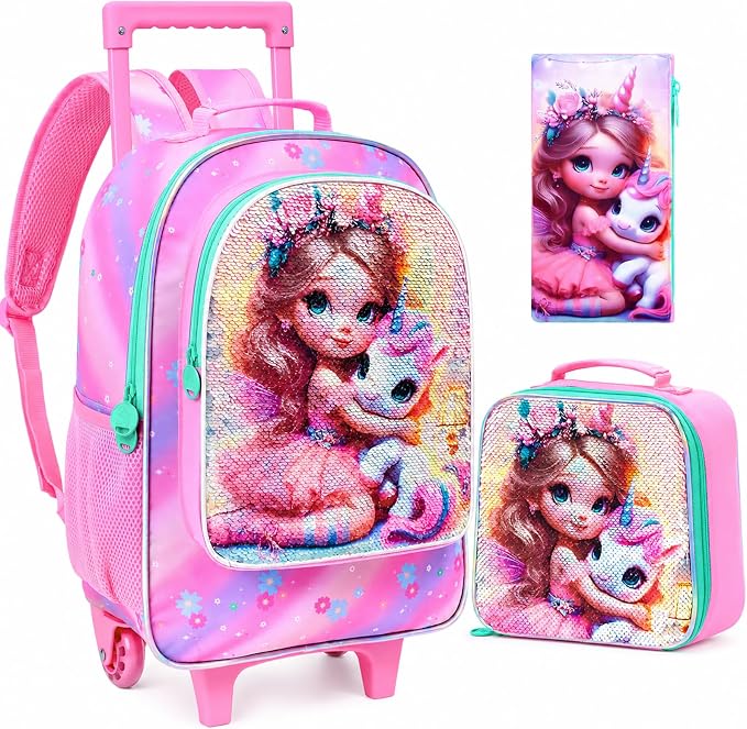AGSDON 3PCS Rolling Backpack for Girls Boys, Kids Roller Wheels Bookbag, Wheeled School Bag with Lunch Bag by AGSDON