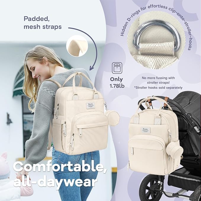 RUVALINO Diaper Bag Backpack-Multifunction Baby Travel Bag with Changing pad, Insulated Bottle Holders & Pacifier Case, Large Capacity, Waterproof, Beige - Image 5