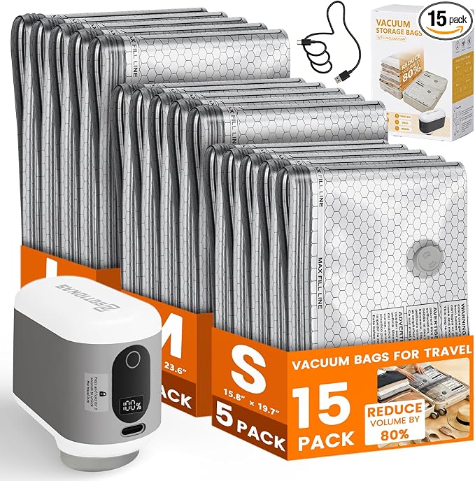 15 Pack Vacuum Seal Bags for Clothing Travel with -60KPa Rechargeable Wireless Pump, Space Saver Compression Vacuum Storage Bags in Multiple Carry-On Sizes for Luggage, Suitcase and Seasonal Storage by Unknown