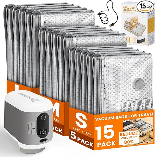 15 Pack Vacuum Seal Bags for Clothing Travel with -60KPa Rechargeable Wireless Pump, Space Saver Compression Vacuum Storage Bags in Multiple Carry-On Sizes for Luggage, Suitcase and Seasonal Storage by Unknown