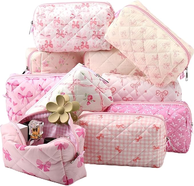 Paterr 10 Pcs Quilted Makeup Bag Bulk Cotton Floral Cosmetic Bag Women Girls Bridesmaid Gifts Cute Makeup Pouch Coquette Aesthetic Travel Toiletry Organizer(Pink Bow,6.30 x 3.94 Inches) by Paterr