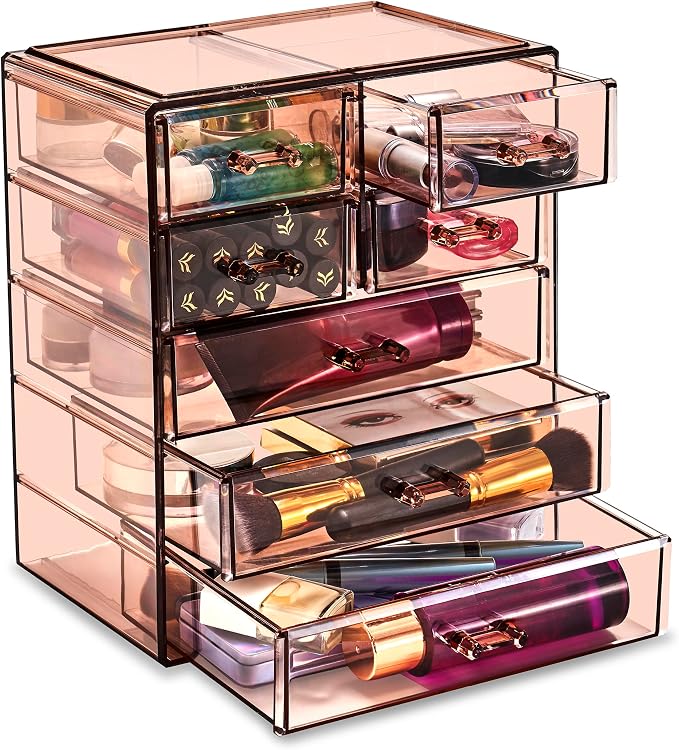 Sorbus Acrylic Makeup Organizer Set, 7-Drawer Vanity & Countertop Cosmetic Storage with Small & Wide Drawers, Bronze Glow Makeup Storage for Brushes, Lipsticks, Jewelry, Holiday Gift for Women & Teens by Sorbus